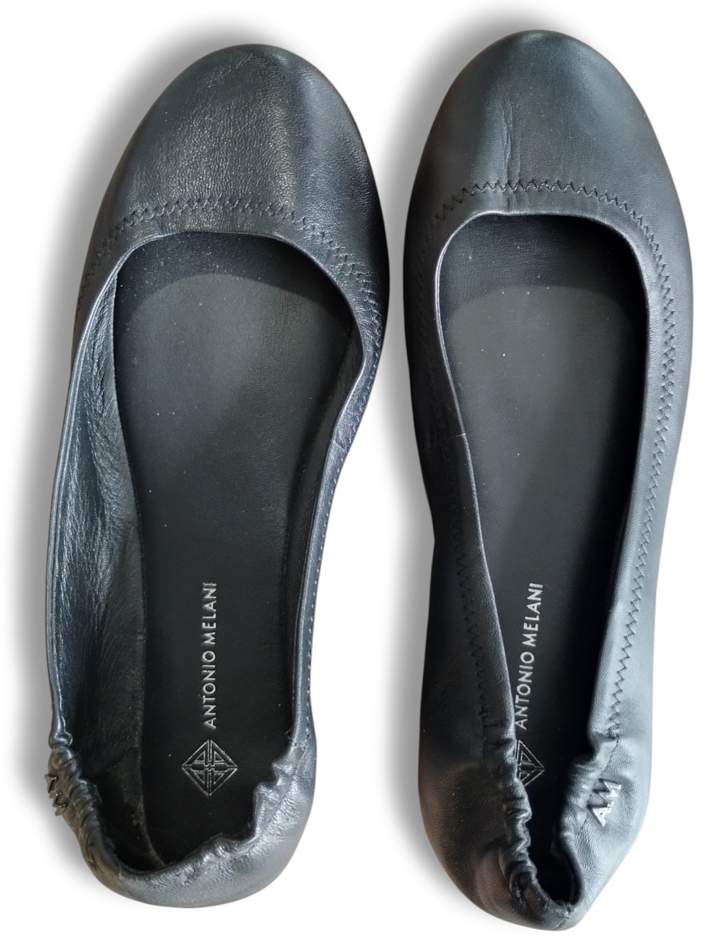 Antonio Melani Black Leather Ballet Flats Size 7.5 Round Toe - Picture 1 of 10
